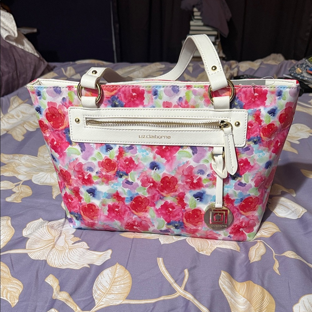 Liz Claiborne White Tote with Pink Floral Print